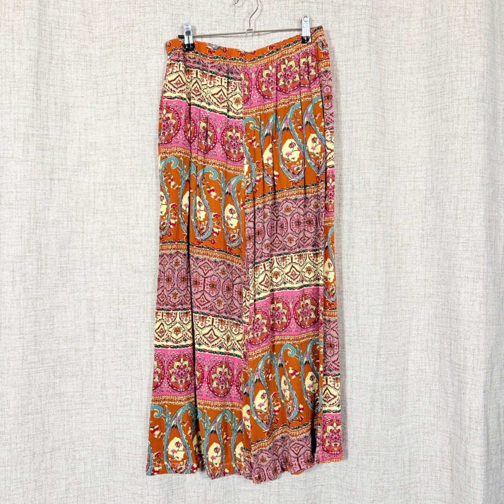 Umgee Palazzo Pants Sz L Orange Pink Paisley Boho Festival Wide Leg Patchwork